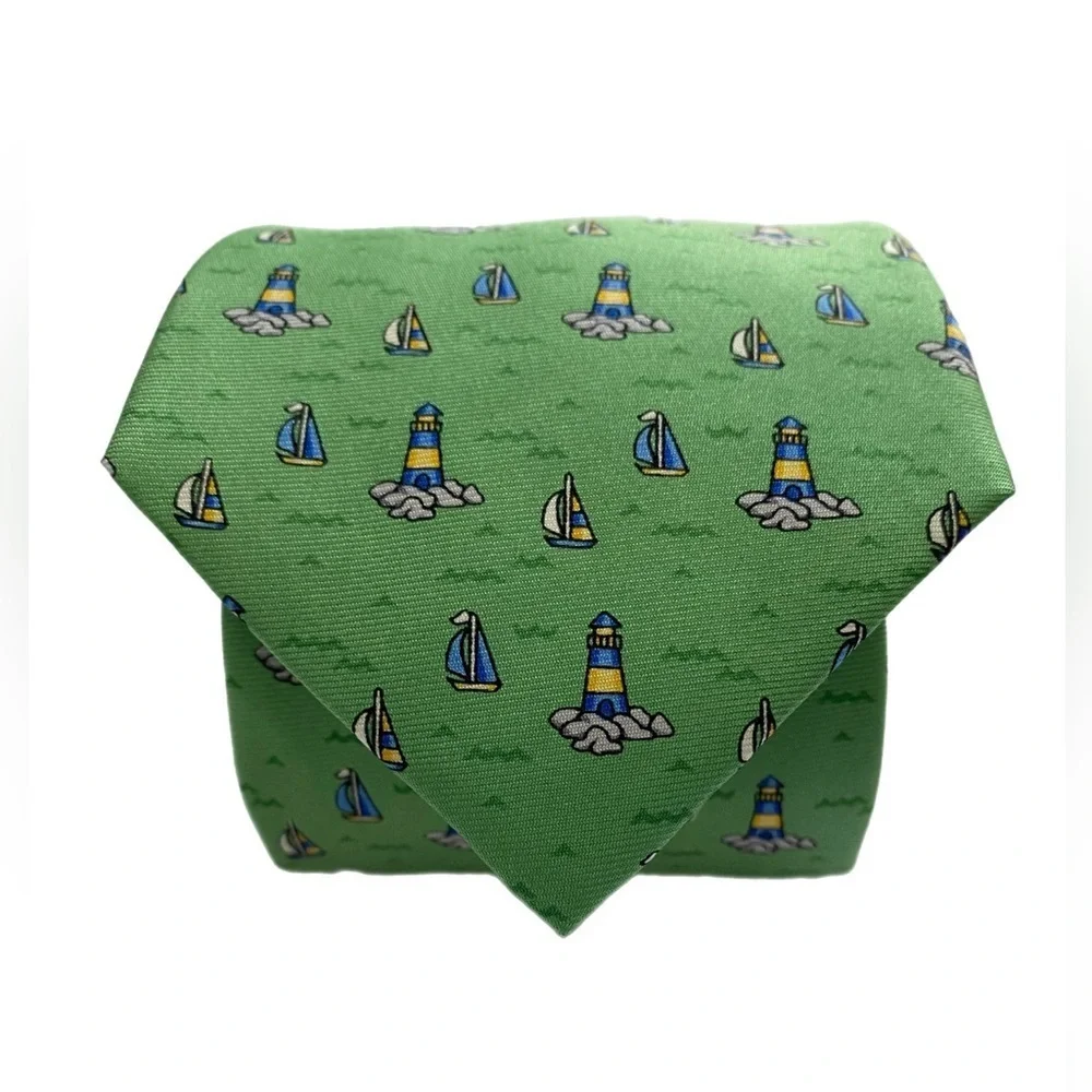 Haspel Silk Tie Green Nautical Tipped Bar Tac Keeper Loop 60”x3.25” 80s to 90s